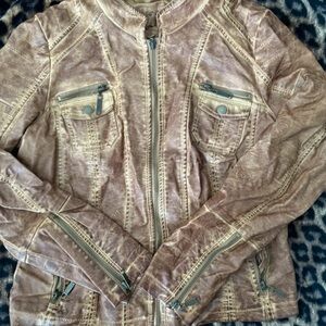 Women’s Brown Distressed Faux Leather Utility Jacket
